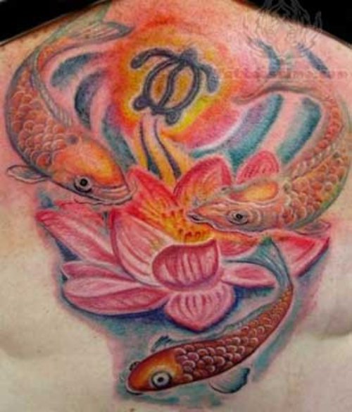 Koi Fish And Lotus Tattoo On Back