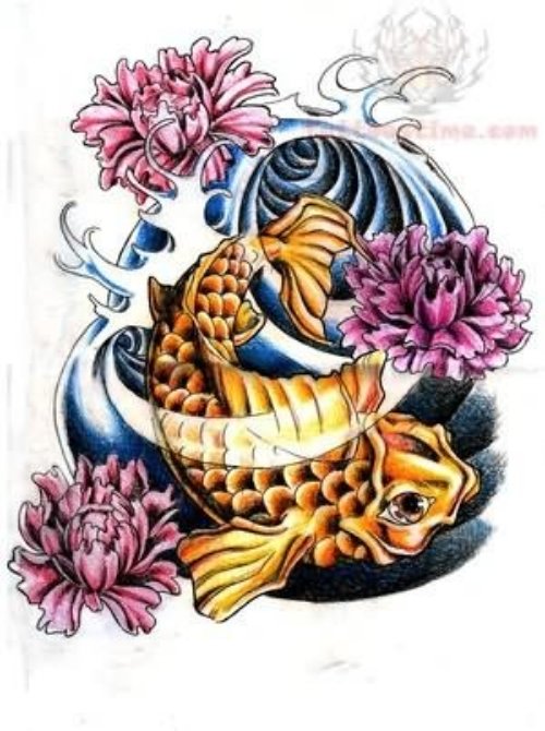 Koi Fish And Peony Flowers Tattoo