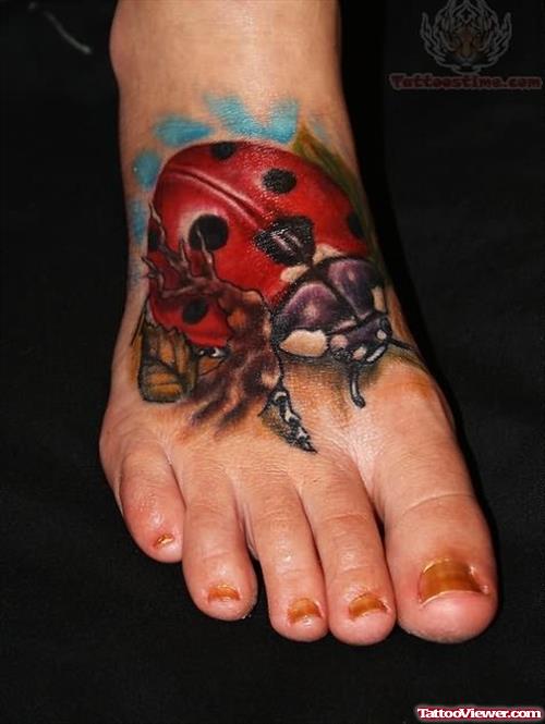 Big Ladybug Tattoo On Foot