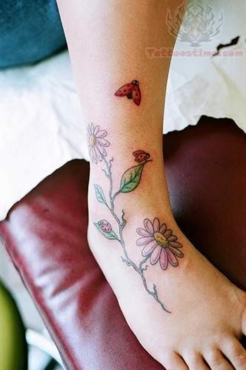 Ladybug And Flowers Tattoo On Foot