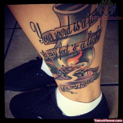 Candle Lamp Tattoo On Leg