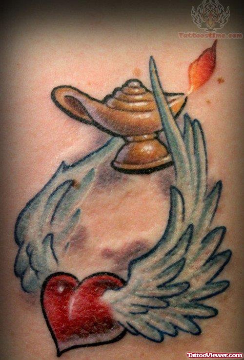 Winged Heart And Magic Lamp Tattoo