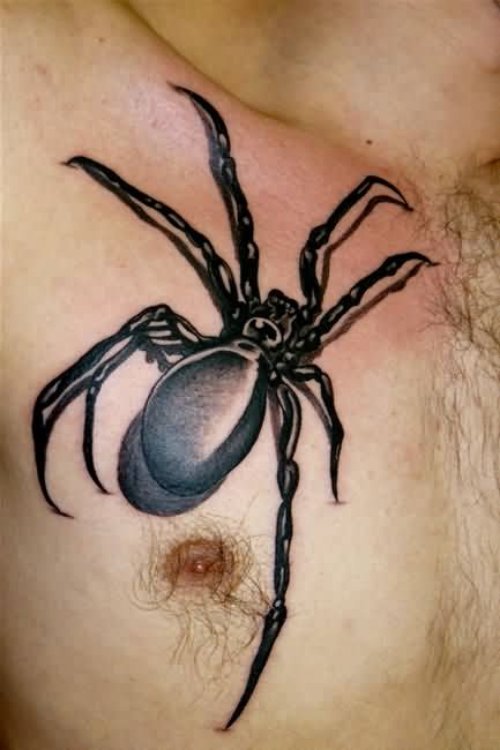 Black Ink Latrodectus Tattoo On Man Chest