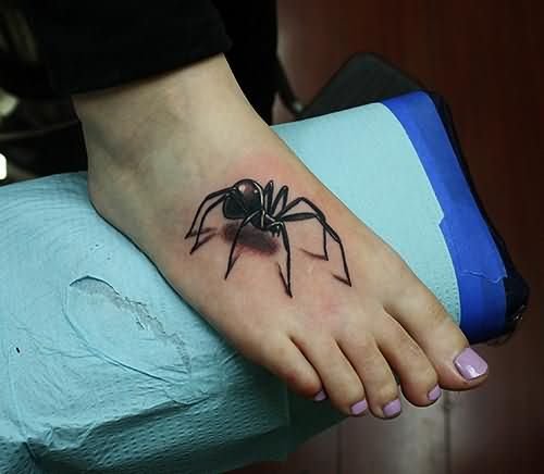 Grey Ink 3D Latrodectus Tattoo On Right Foot