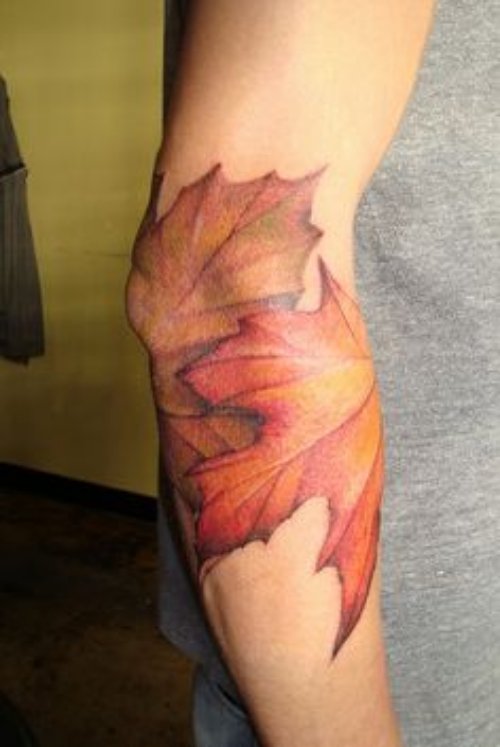 Colored Maple Leaf Tattoos On Right Sleeve