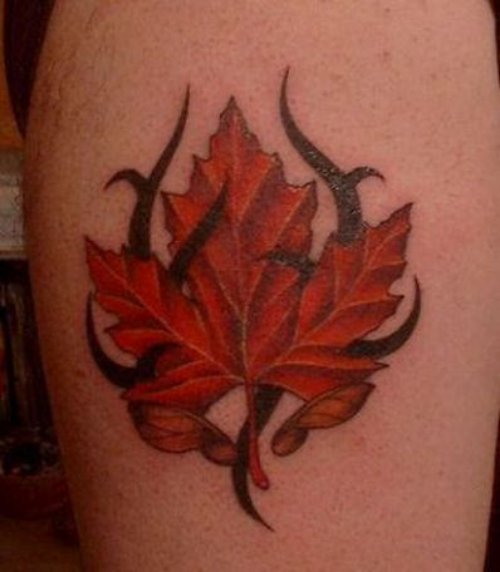 Black Tribal And Leaf Tattoo