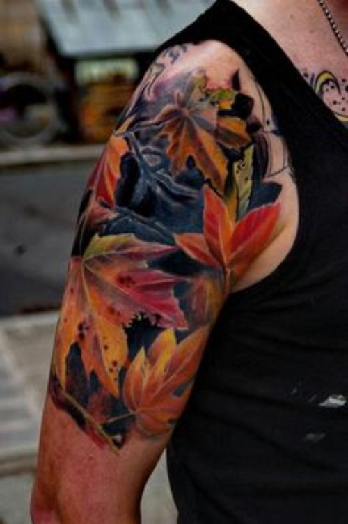 Awesome Colored Leaf Tattoos On Right Half Sleeve