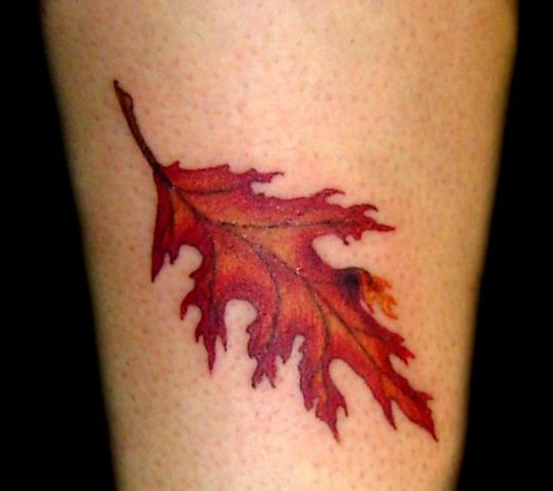 Red Ink Fall Leaf Tattoo On Sleeve