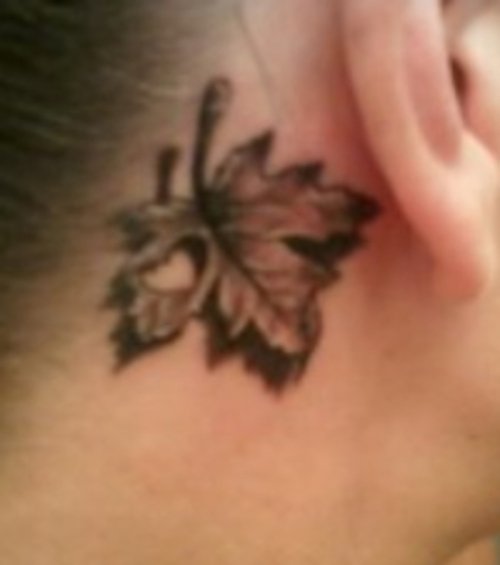 Grey Ink Leaf Tattoo Behind Ear