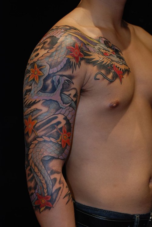 Colored Leaf Tattoos On Man Right Sleeve