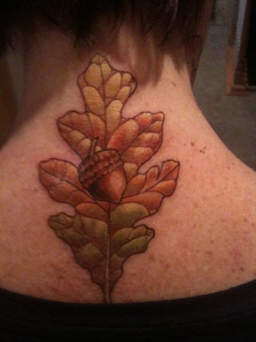 Oak Leaf Tattoo On Upperback