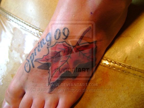 Red Maple Leaf Tattoo On Left Foot