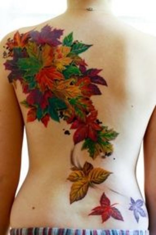 Colored Leaf Tattoos On Back Body