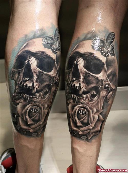 Skull And Rose Back Leg Tattoo