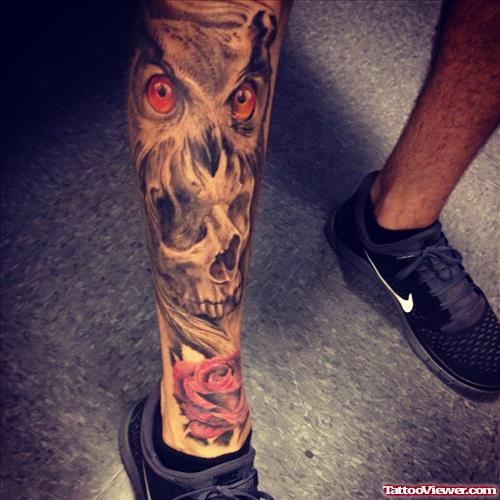 Rose And Skull Leg Tattoo