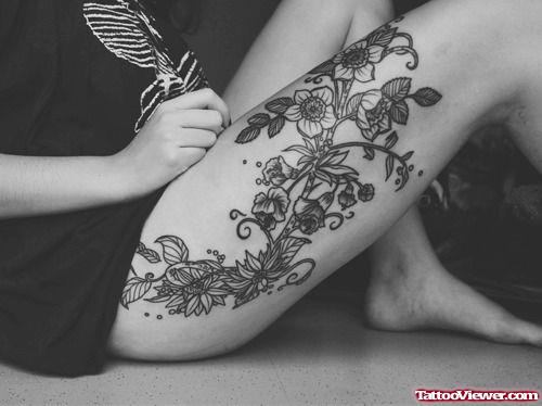 Flowers Right Leg Tattoos For Girls
