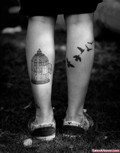 Cage And Flying Birds Back Leg Tattoos