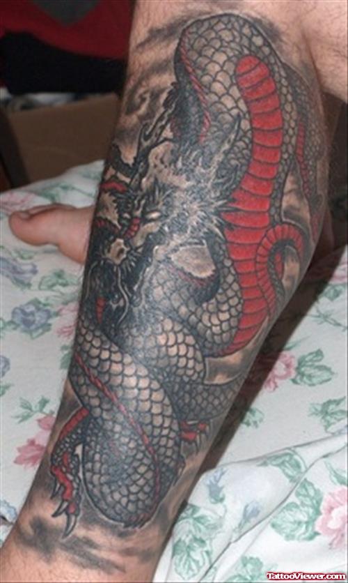 Unique Grey Ink Dragon Leg Tattoo