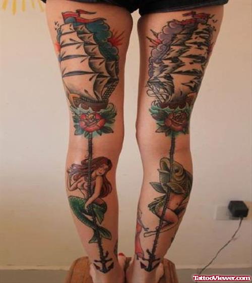 Mermaids And Rose Flowers Back Leg Tattoo