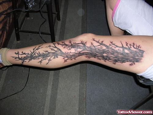 Grey Ink Tree Left Leg Tattoo