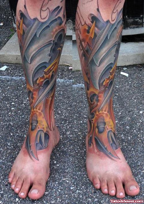 Beautiful Colored Biomechanical Leg Tattoo