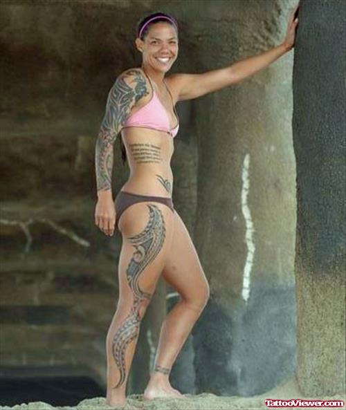 Tribal And Polynesian Leg Tattoo For Girls