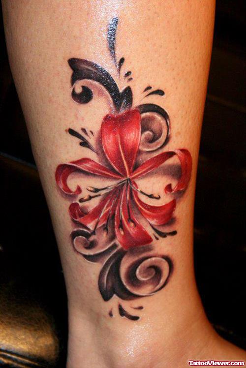 Realistic Red Flower Leg Tattoo Tattoo