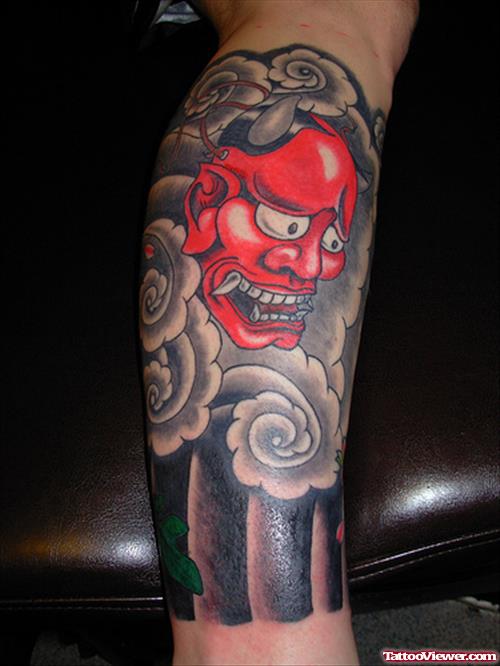 Japanese Red Demon Head Leg Tattoo