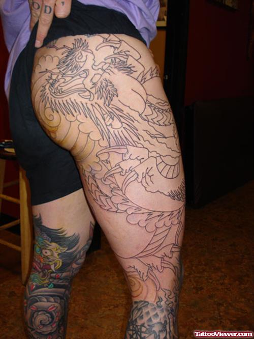 Grey Ink Dragon Leg Tattoo