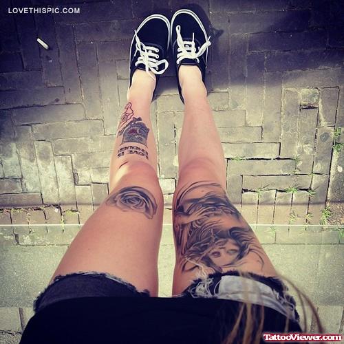 Grey Ink Both Leg Tattoos