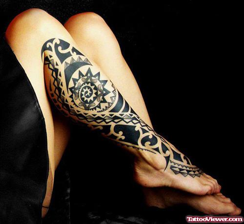 Black Ink Tribal Right Leg Tattoo For Girls