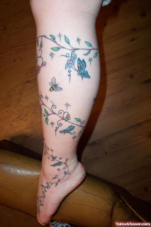 Vine Flowers Leg Tattoo