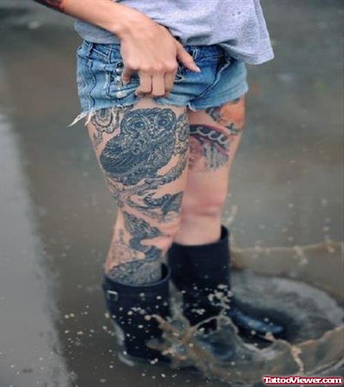 Grey Ink Owl Right Leg Tattoos