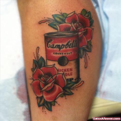 Red Rose Flowers And Cambella Chicken Leg Tattoos