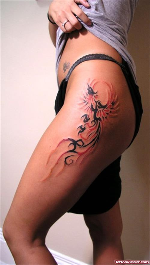 Tribal Phoenic Side Leg Tattoo