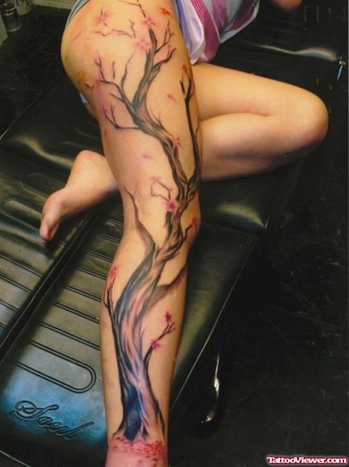 Grey Ink Tree Tattoo On Right Leg