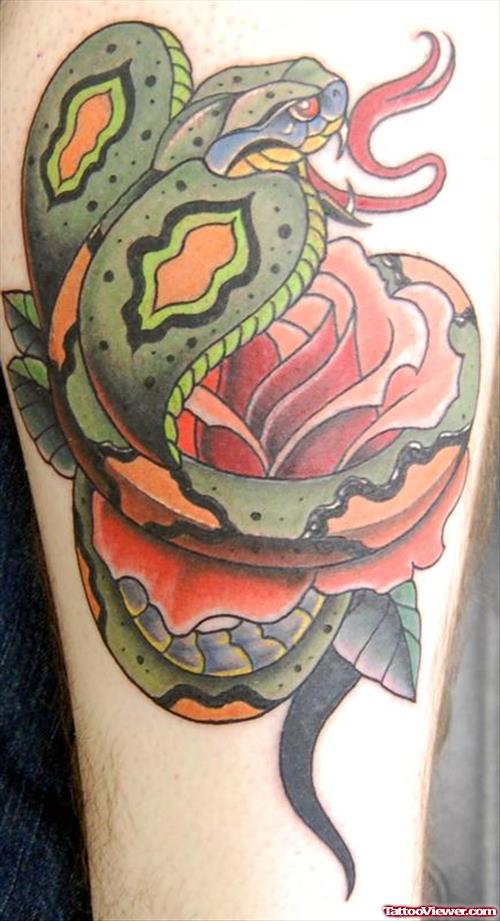 Rose Flower And Green Cobra Leg Tattoo