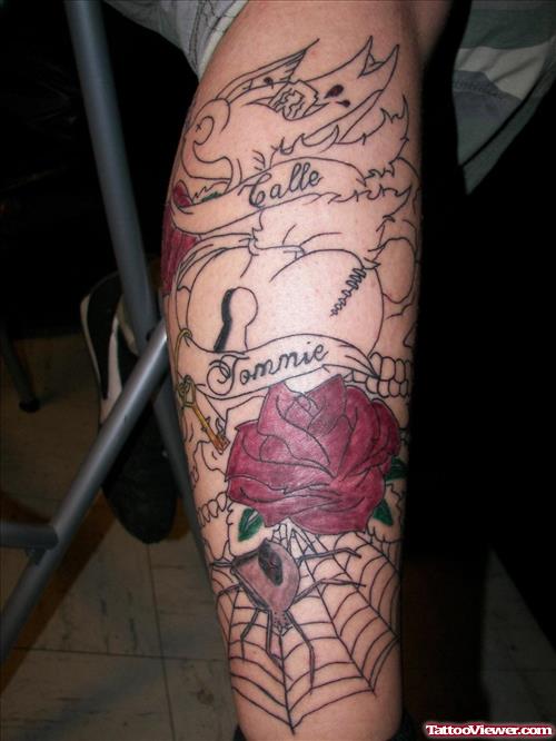 Red Rose Flower And Spider Web Leg Tattoo