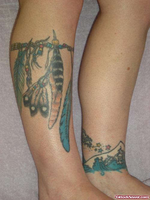 Colored Feathers Leg Tattoos