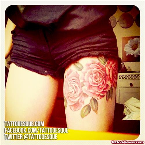 Pink Rose Flowers Left Leg Tattoo