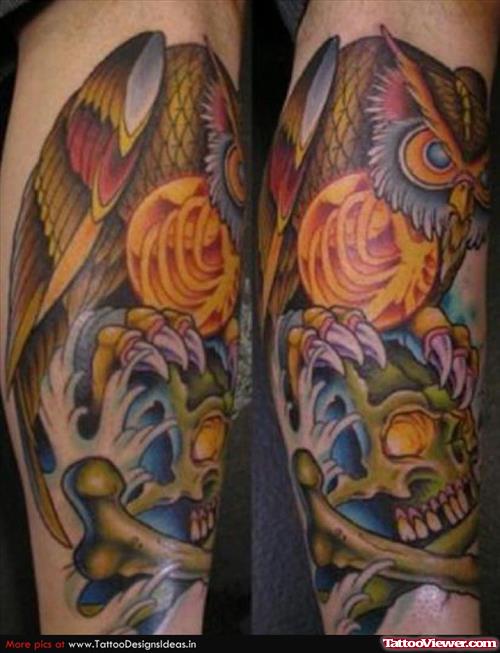 Colored Owl And skull Leg Tattoo