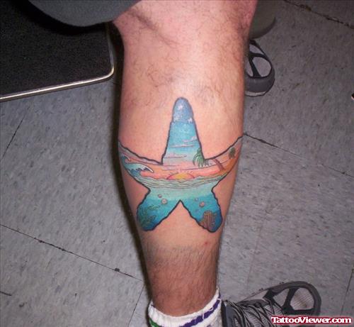 Blue Ink Star Leg Tattoo