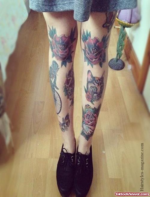 Red Flowers Leg Tattoo