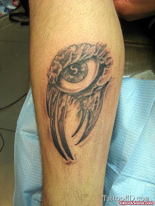 Grey Ink Eye Leg Tattoo