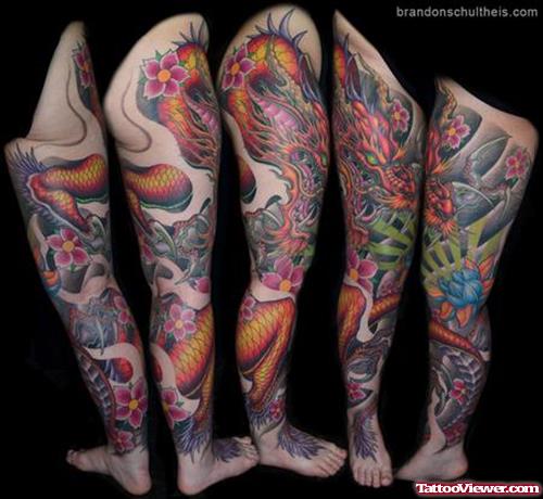Colored Dragon And Lotus Leg Tattoo