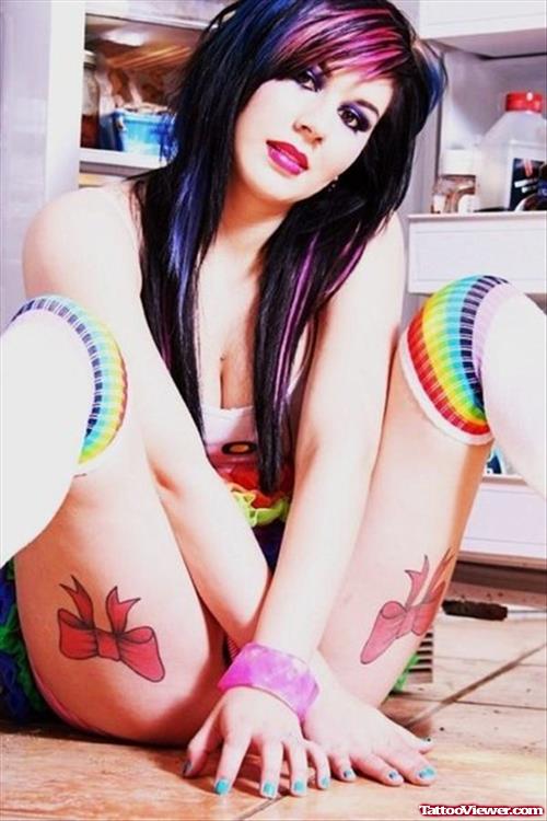 Pink Bow Tattoos On Girl Leg