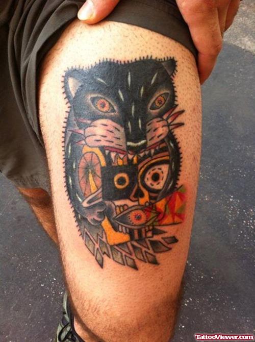 Owl And Fox Head Leg Tattoo