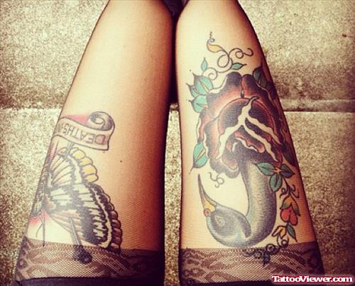 Butterfly And Red Rose Leg Tattoos