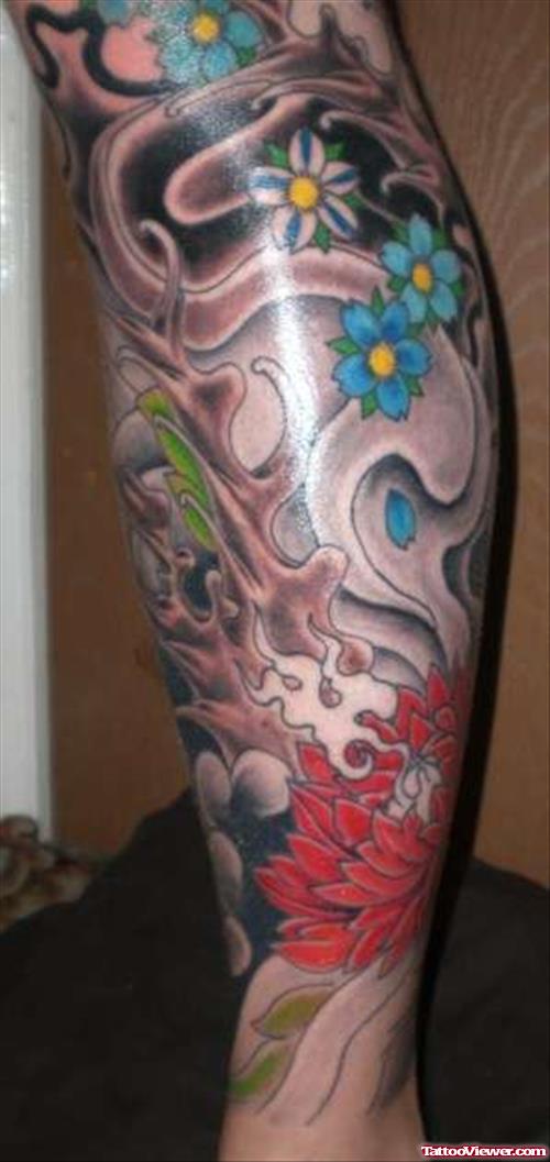 Blue Flowers And Japanese Leg Tattoos