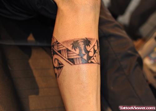 Grey Ink Trees and Tribal Leg Tattoo